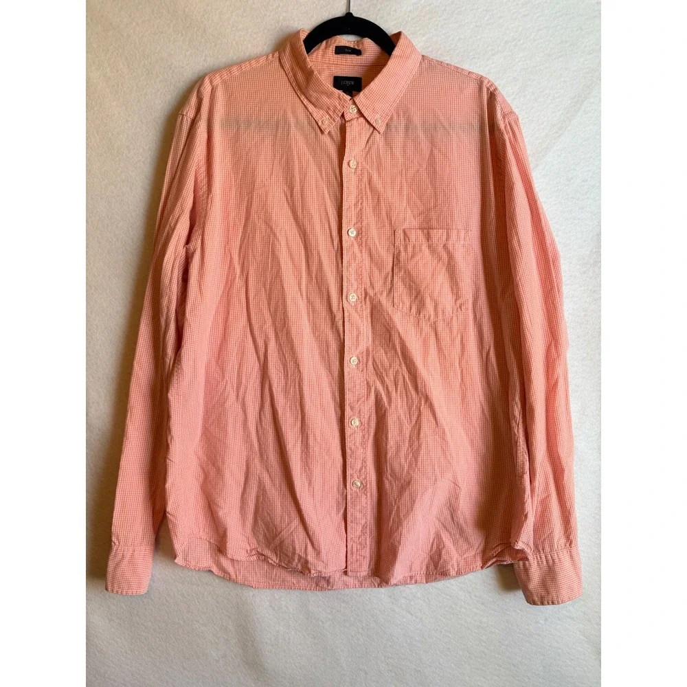 J.Crew Men's Slim Fit Gingham Button Down Shirt‎ XL Coral Pink Long Sleeve